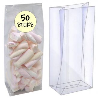 Fako Bijoux® - Blokbodemzakjes Plastic Transparant - 60 + 50 x 200 mm - 100% Polypropyleen - Recyclebaar- Rechthoekige Zak - Duurzaam - Voedsel Verpakking - 50 Stuks