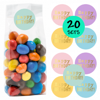 Fako Bijoux® - Uitdeelzakjes Met Sluitstickers - 20 Stickers & 20 Zakjes - Blokbodemzakjes - Cellofaanzakjes - Traktatie Zakjes - 20 Sets - Happy Birthday