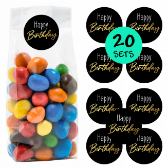 Fako Bijoux® - Uitdeelzakjes Met Sluitstickers - 20 Stickers & 20 Zakjes - Blokbodemzakjes - Cellofaanzakjes - Traktatie Zakjes - 20 Sets - Happy Birthday