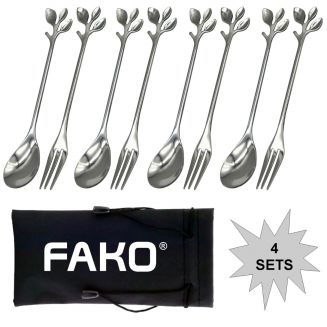 Fako Bijoux® - Gebak Bestek - Dessert Bestek - Blaadjes - Zilverkleurig - 4 Sets