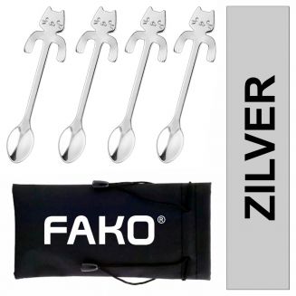Fako Bijoux® - Theelepel / Koffielepel Hangende Kat - Zilver - 4 Stuks