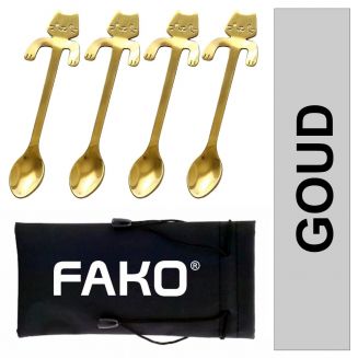 Fako Bijoux® - Theelepel / Koffielepel Hangende Kat - Goud - 4 Stuks