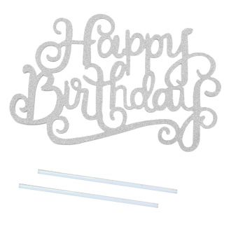 Fako Bijoux® - Cake Topper - Happy Birthday - 14x9cm - Zilver Glitter
