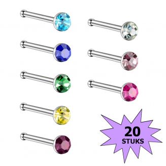 Fako Bijoux® - Neuspiercing - Staafje Kristal - 3.0mm - Gekleurd - 20 Stuks