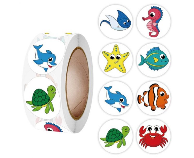 Fako Bijoux® - 500 Stickers Op Rol - 2.5cm - Vissen & Zeedieren -  Beloningsstickers - Stickers Kinderen - Sluitsticker - Sluitzegel - 25mm