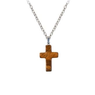 Fako Bijoux - Ketting - Kruisje Mini - Tijgeroog - Natuursteen - 18x25mm - 50cm