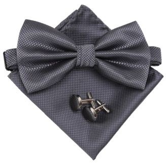 Fako Fashion - Vlinderstrik, Pochette & Manchetknopen - Kleine Ruit - Vlinderdas - Strikje - Pochet - Donkergrijs