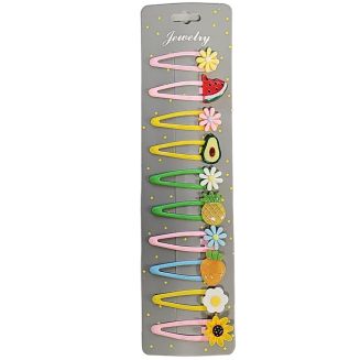 Fako Fashion - 10 Haarspeldjes Op Kaart - Haarclips Voor Meisjes - 10 Stuks - Bloemen & Fruit