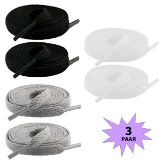 Fako Fashion - Schoenveters - Plat - 8mm - 120cm - 3 Paar - 6 Stuks - Grijs, Wit & Zwart
