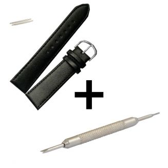 Fako® - Horlogebandje - Echt Leer - 20mm - Zwart - Met Montagetool