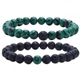 Fako Bijoux® - Dubbele Kralen Armband - 8mm - Natuursteen Armband - Malachiet & Lavasteen