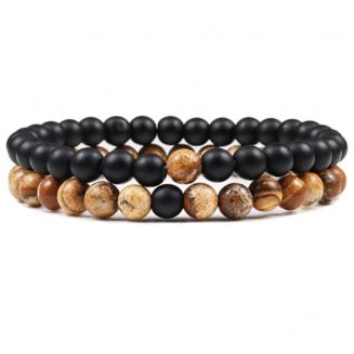 Fako Bijoux® - Dubbele Kralen Armband - 6mm - Twee Natuursteen Armbanden - Natuursteen & Zwart