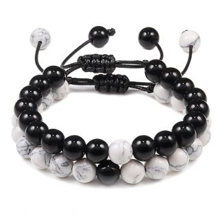 Fako Bijoux® - Dubbele Kralen Armband - 8mm - Natuursteen Armband Koord - Howliet & Obsidiaan