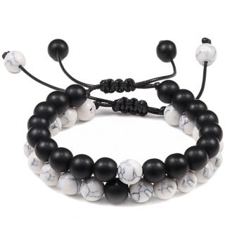 Fako Bijoux® - Dubbele Kralen Armband - 8mm - Natuursteen Armband Koord - Howliet & Mat Zwart