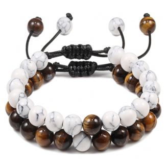 Fako Bijoux® - Dubbele Kralen Armband - 8mm - Natuursteen Armband Koord - Howliet & Tijgeroog