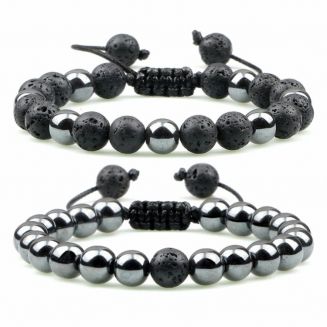 Fako Bijoux® - Dubbele Kralen Armband Suprême  - 8mm - Natuursteen Armband Koord - Lavasteen & Zilver