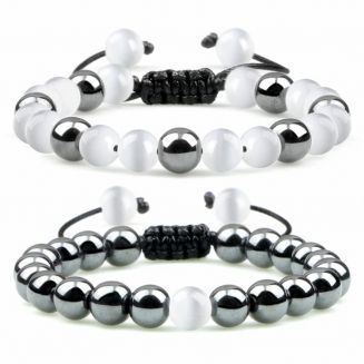 Fako Bijoux® - Dubbele Kralen Armband Suprême  - 8mm - Natuursteen Armband Koord - Kattenoog & Zilver