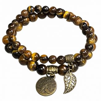 Fako Bijoux® - Dubbele Kralen Armband  Met Levensboom & Veertje - 6 & 8mm - Natuursteen Armband Set - Elastisch Koord - Tijgeroog