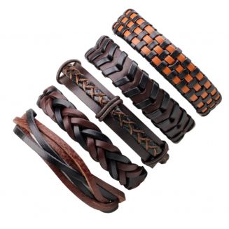 Fako Bijoux® - Armband - Leder - Set Deluxe - 5 Stuks - Bruin