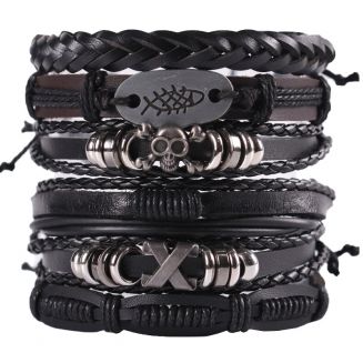 Fako Bijoux® - Armband - Leder - Set Deluxe X - 6 Stuks - Zwart/Bruin