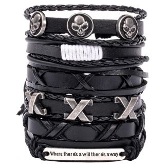 Fako Bijoux® - Armband - Leder - Set Deluxe Triple X - 6 Stuks - Zwart/Bruin