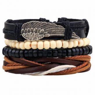 Fako Bijoux® - Armband - Leder - Set Vintage - Vleugel