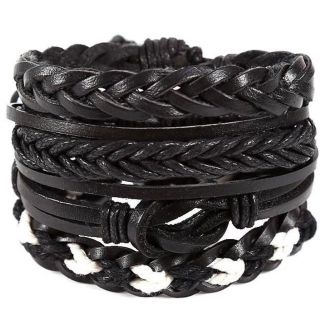 Fako Bijoux® - Armband - Leder - Set Paco - 4 Stuks - Zwart