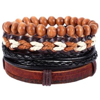Fako Bijoux® - Armband - Leder - Set Luciano - 4 Stuks - Bruin/Zwart