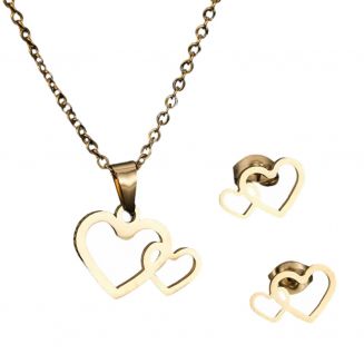 Fako Bijoux® - Ketting Met Hanger & Oorbellen - Stainless Steel - RVS - Staal - Hartjes - Goudkleurig