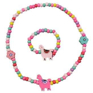 Fako Bijoux® - Kinderketting en Armband - Hout - Lama & Bloemetjes