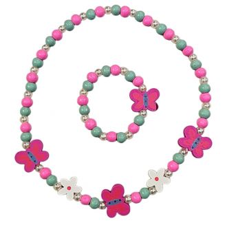 Fako Bijoux® - Kinderketting en Armband - Hout - Vlinders & Bloemetjes