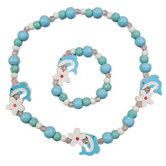 Fako Bijoux® - Kinderketting en Armband - Hout - Dolfijntjes & Bloemetjes