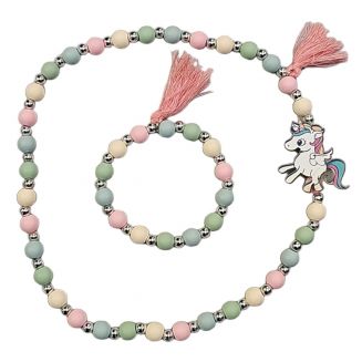 Fako Bijoux® - Kinderketting en Armband - Hout - Eenhoorn Kwastjes