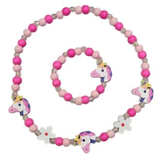 Fako Bijoux® - Kinderketting en Armband - Hout - Eenhoorn & Bloemetjes Roze