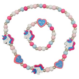 Fako Bijoux® - Kinderketting en Armband - Hout - Eenhoorn & Hartjes Magical
