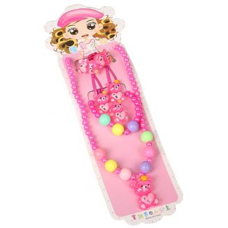 Fako Bijoux® - Kindersieraden Set - Kinderketting & Armband - Plastic - Beertje - Donkerroze
