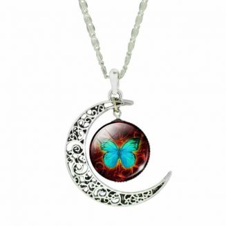 Fako Bijoux® - Ketting - Cabochon - Vlinder - Maan - Bruin/Groen