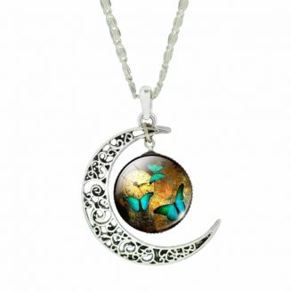 Fako Bijoux® - Ketting - Cabochon - Vlinders Klok  - Maan - Bruin/Groen