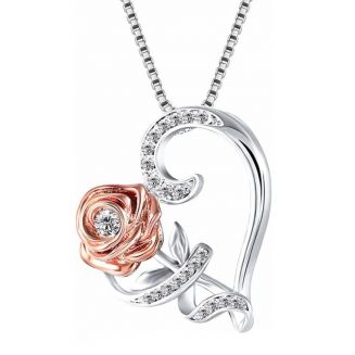 Fako Bijoux® - Ketting Zirkonia Roos Hart - 25x27mm - 46+4cm - Zilverkleurig