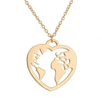Fako Bijoux® - Ketting - Wereldbol Hart - Wereldkaart - Goudkleurig