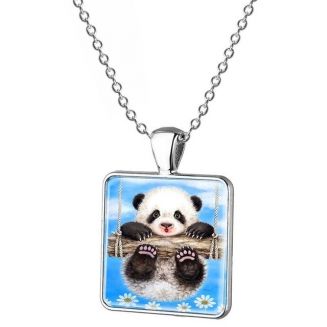 Fako Bijoux® - Ketting - Cabochon - Vierkant - Panda - Blauw