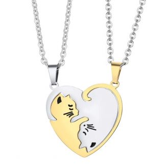 Fako Bijoux® - Vriendschapsketting - RVS - Poes/Kat Hart - Goud/Zilver
