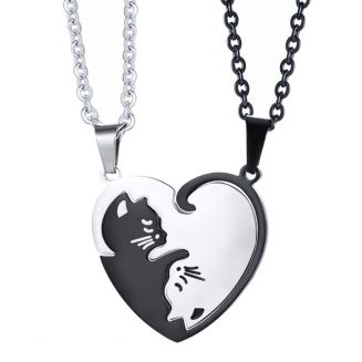 Fako Bijoux® - Vriendschapsketting - RVS - Poes/Kat Hart - Zilver/Zwart