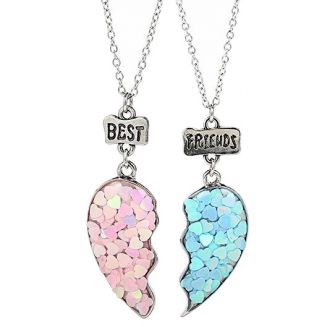 Fako Bijoux® - Vriendschapsketting - Hartjes - Glitter Acryl - Best Friends - Blauw/Roze