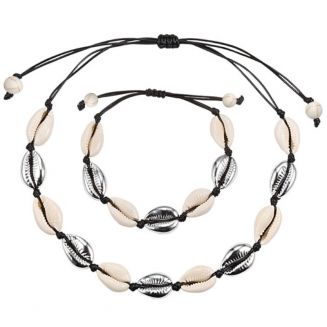 Fako Bijoux® - Schelpjes Ketting & Armband - Choker - Schelpen Set - Zilver/Zwart