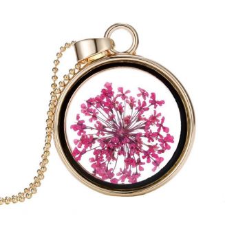 Fako Bijoux® - Ketting - Gedroogde Bloem - Rond - Goudkleurig - Roze