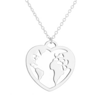 Fako Bijoux® - Ketting Met Hanger - Stainless Steel - RVS - Staal - Hart Wereldkaart - Zilverkleurig