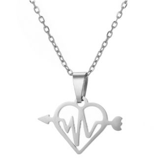 Fako Bijoux® - Ketting Met Hanger - Stainless Steel - RVS - Staal - Hart Met Hartslag - Zilverkleurig