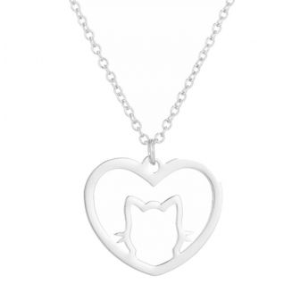 Fako Bijoux® - Ketting Met Hanger - Stainless Steel - RVS - Staal - Hart Met Poes / Kat - Zilverkleurig