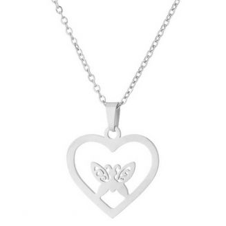 Fako Bijoux® - Ketting Met Hanger - Stainless Steel - RVS - Staal - Hart Met Vlinder - Zilverkleurig